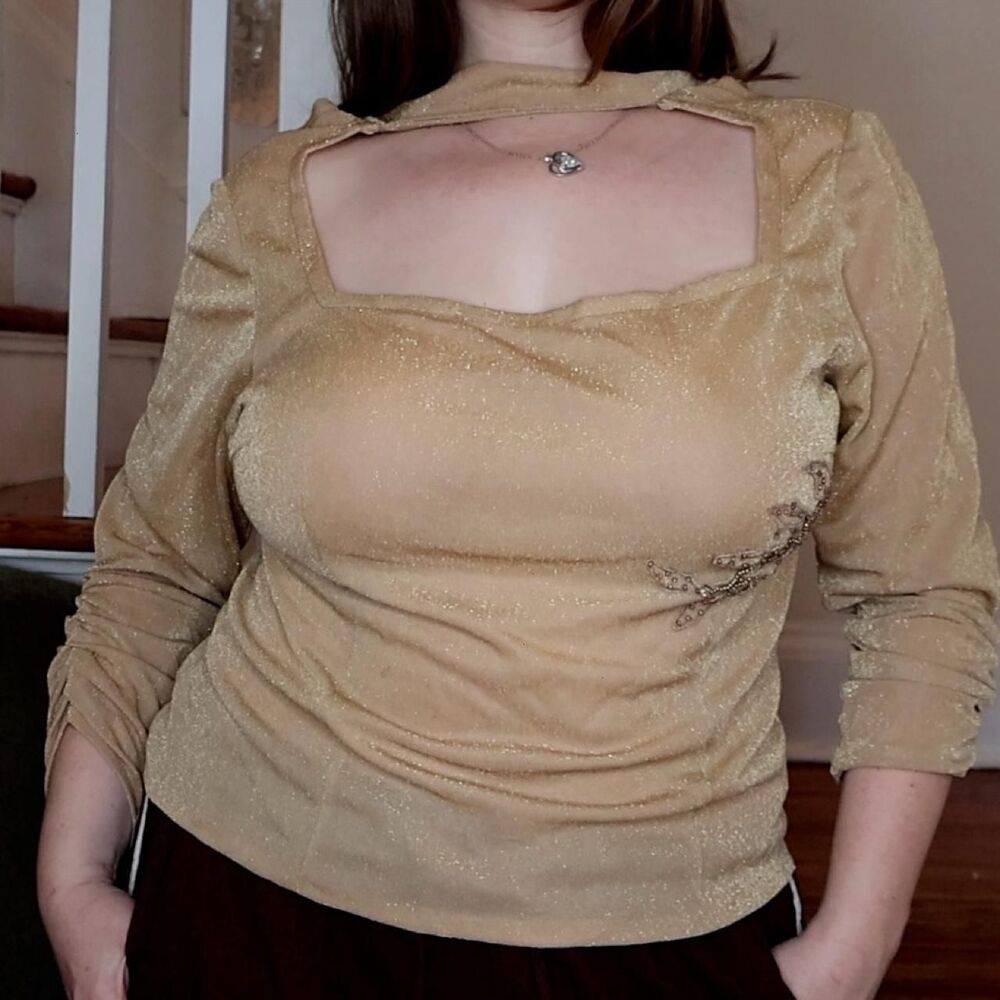 Gold Metallic L 3/4 Sleeve Top Square Neck Attached Scarf Beaded Glam Euro Party